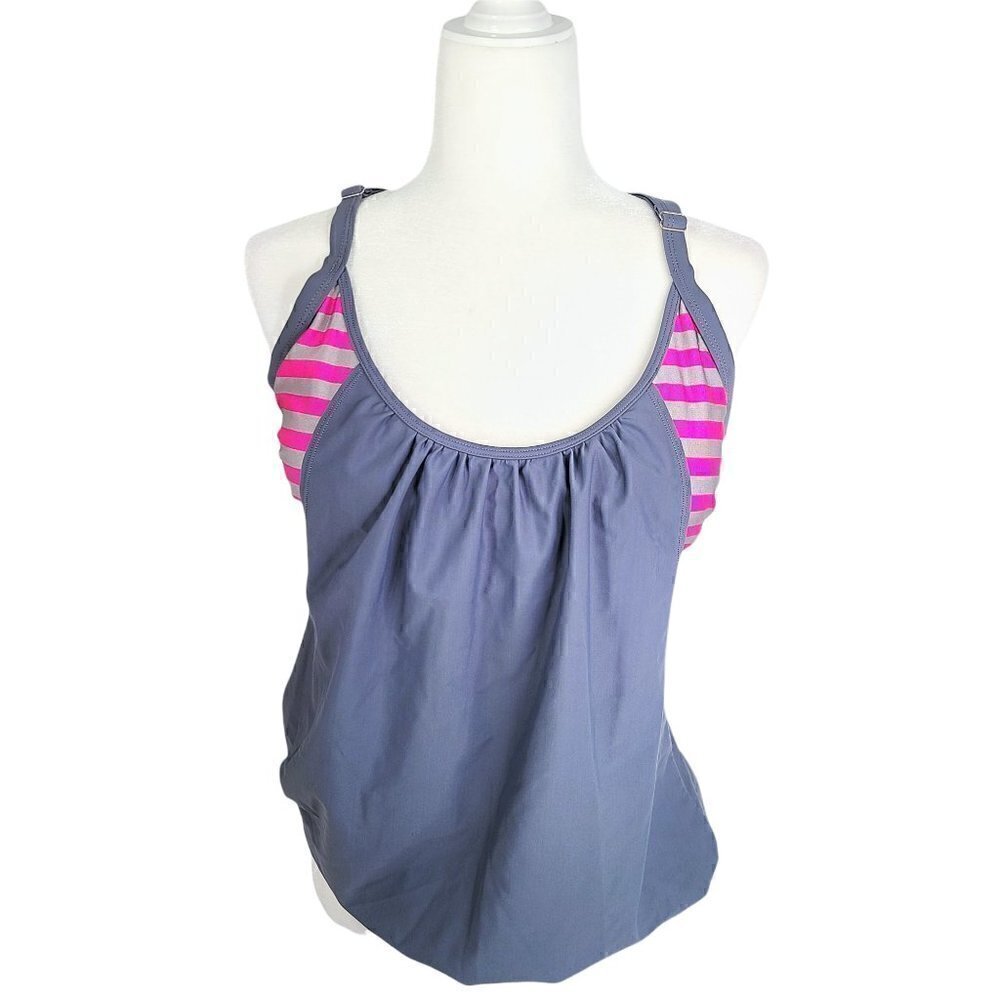 Women's Pink Grey Stripes Layered Tankini Swim Active Wear Top